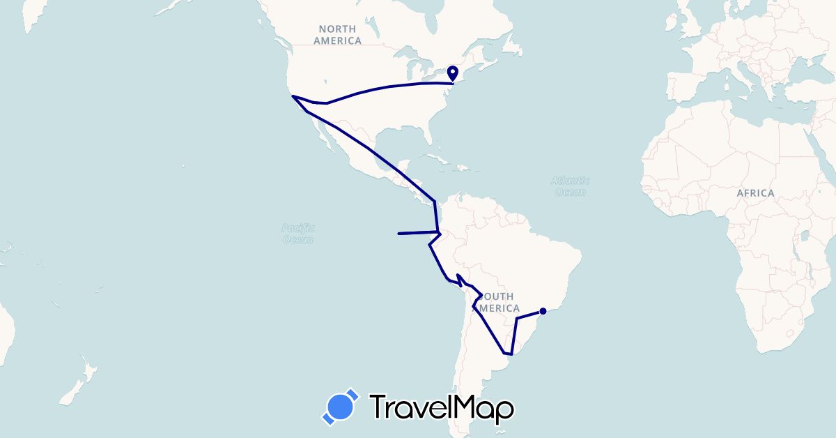 TravelMap itinerary: driving in Argentina, Bolivia, Brazil, Ecuador, Panama, Peru, United States, Uruguay (North America, South America)
