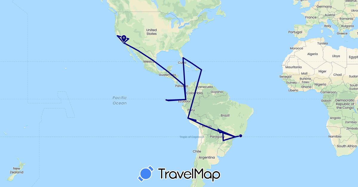 TravelMap itinerary: driving in Brazil, Dominican Republic, Ecuador, Panama, Peru, United States (North America, South America)