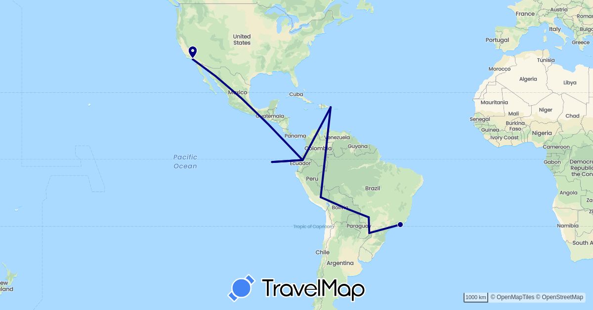 TravelMap itinerary: driving in Brazil, Dominican Republic, Ecuador, Peru, United States (North America, South America)